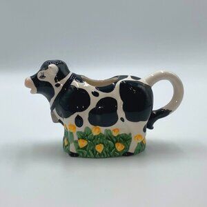 Cow Creamer Flowers & Grass Ceramic Youngs Exclusive 1999 Vintage Black & White